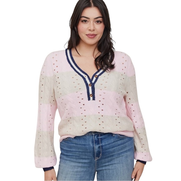 TORRID Vegan Cashmere Pullover Henley Sweater in Pink/Gray/Navy Size 1 — LOVELY! - Picture 1 of 12
